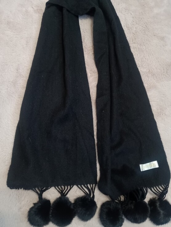 Accessories - Luxurious 100% Cashmere Black Knit Scarf with Oversized Faux Fur Pom-Poms